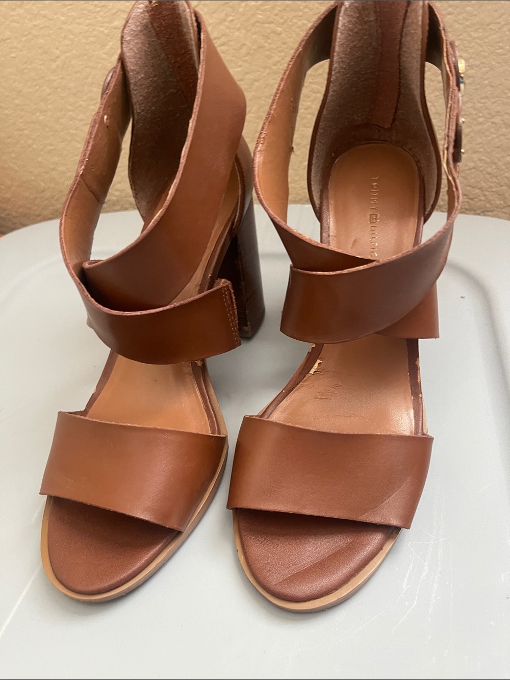 Tommy Hilfiger Brown Leather Block Heel Sandals